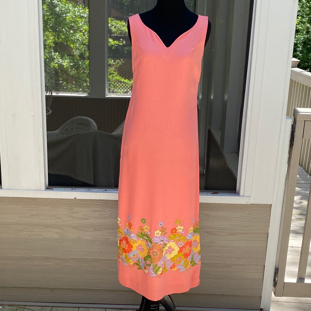 Vintage 60s Floral Embroidery Maxi Dress Gown